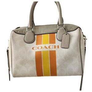 Coach Varsity Stripe City Zip in Signature Silver/Chalk Orange Hand Bag